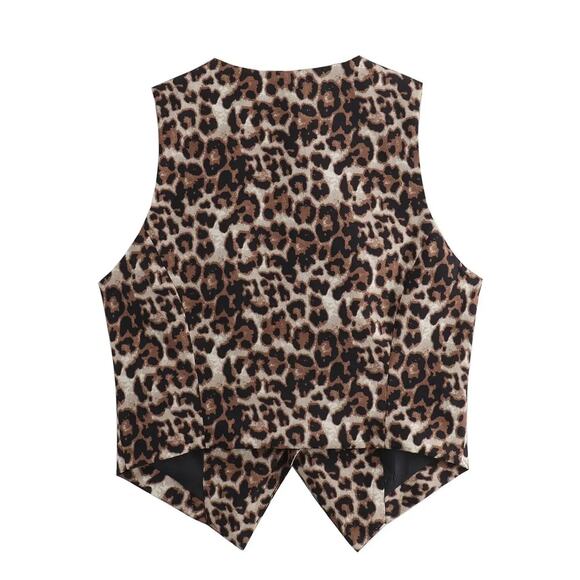 Leopard Print Vest Waist Length Notched VNeck NEW NWT Brown Black 3 Button Lined - Picture 8 of 10